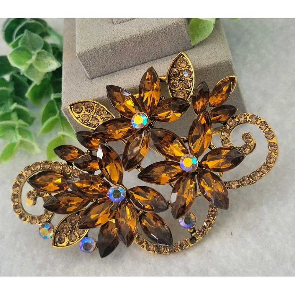 Art Deco Revival Amber Rhinestone Flower Brooch Gold Tone Statement Pin 3 Inch